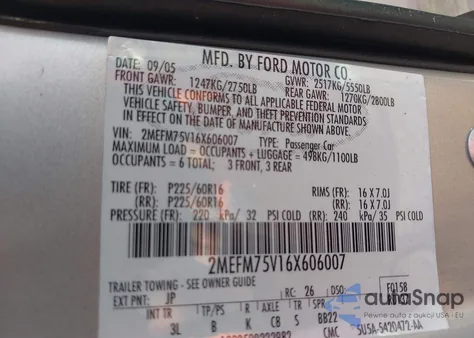 2006 Mercury Grand Marquis Ls из США, поврежденный, VIN 2MEFM75V16X606007